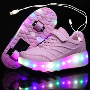 Sneakers ładowanie USB Czarne dwa koła Lumoinous Led Lekkie Rolety Roller Buty dla dzieci Buty LED Buty dla chłopców Buty Dziewczęce 2843