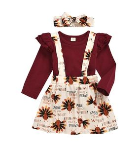 Thanksgiving Baby Outfits Girls Flying Sleeve Top Turkey Print Suspender kjolar pannband 2st.