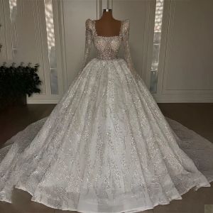 Vestidos de bola de luxo vestidos de noiva quadrados de pescoço longa mangas longas lacas de lacas de renda de renda com o país feito personalizado