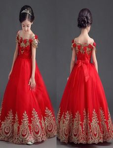 Vintage Red Gold Girls Girls Pageant Vestios fora dos ombros Apliques Tule comprimento do piso Princess Flor Girls Dresses Infant Birthday Par8861377