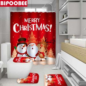 Duş Perdeleri Sevimli Noel Baba Kardan Adam Baskılı Perde Merry Christmas Banyo Paspas Slip Olmayan Halılar Su geçirmez Kumaş Banyo Xmas