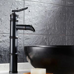 Bathroom Sink Faucets Bamboo Shape Tall Black Bronze Waterfall Faucet Cold& Brass Basin Mixer Tap B-056