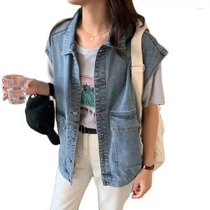 Frauenwesten Denim Weste Frauen große Jean Weste weibliche ärmellose Schichten Frühling Herbst Casual Streetwear Jacke hellblauer Mantel BF