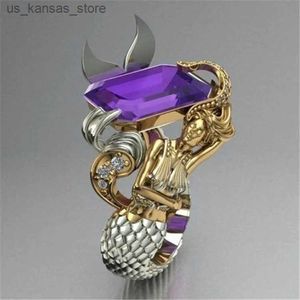 Cluster Rings Milangirl Creative Personality Two Tone Purple Zircon Mythical Ring Womens Punk Style Mermaid Ring240408