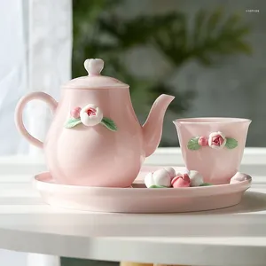 Teaware set handgjorda blommor te set rose keramik kopp potten hushåll rosa porslin tecup liten tekanna kinesisk