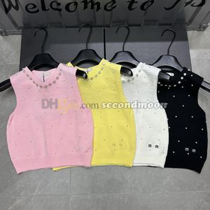 Pearl Decoration Vest Women Rhinestone Neck Tanks Top Letter Embroidered Luxury Vests Casual Style Knitwear