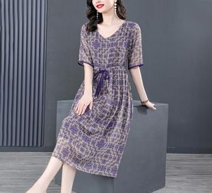 8909 YM Ladies New Summer Fashion Dresses Vneck Half Sleeve Printing Belt Nacing Up Women Lose Chiffon Casual Dress MXXXL1210316