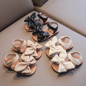 Girls Summer Sandals Big Bowtie Pu Leather 21-30 Sweet Children Sliders Lovely Stylish Three Colors Flexiable Cute Kids Flats 240319