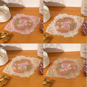 Table Mats Retro European Oval Lace Embroidered Bedroom Kitchen Cup Bowls Mat Food Fruit Plate Cover Cloth Christmas Decor