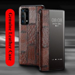 Acessórios Caso de couro genuíno para Huawei P50 Pro P40 Plus Cover Janela Vista de Chapeiro Flip Smart Auto Sleep