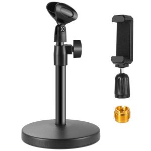 Stand Adjustable Table Mic Stand with Microphone Clip, Cell Phone Clip, Male to Female Metal Adapter Desktop Microphone Stand