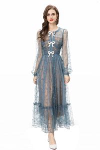 カジュアルドレスs-xxxl 2024秋の女性服パフスリーブ刺繍透明メッシュドレスかわいい弓ファッションフリルスリムロング