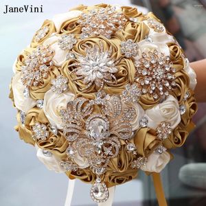 Wedding Flowers JaneVini Bling Rhinestone Crystal Bridal Hand Bouquets Artificial Satin Roses Light Gold Luxury Bouquet Flower For Bride