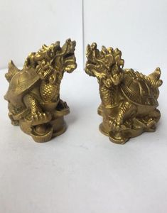 1ペアの銅ブラス彫刻された交通家の装飾Fengshui Dragon Turtle Longevity Statues Metal Handicraft7481136