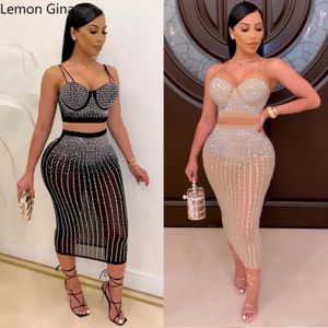 Lemon Gina Sexy 2 Set Set Stepling Suits костюмы Diamond Crop Top Midi Black Matching Sets 240401