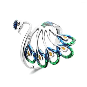 Anelli a grappolo colorato smalto anello di pavone da donna's Real 925 Sterling Sterling Gioielli Sterling Animal Bird Regolable di apertura del tipo esagerato