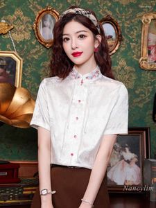 Blouses feminina em estilo chinês Bordado Bordado Bordado Bordado de Mostrão Curta Roupa de Verão 2024 Botões Nacionais de Alta grau BLUSAS