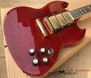 Çin Elektro Gitar OEM Mağazası G S G Özel Elektro Gitar Şeffaf Kırmızı Vücut Çift Alev Maple Ahşap 3568602