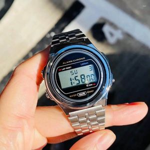 Armbandsur f91w rund led klocka mode män klockor stål manlig affärsklocka multifunktion sport handband elektronisk