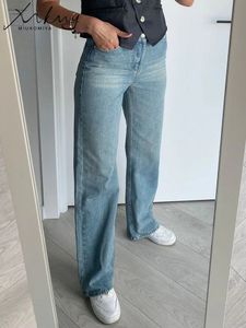 Miuukomiya breda benrosa jeans för kvinnor hög midja grå full denim byxor rak vintage jean modebyxor 240401