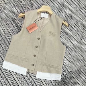 Fake Two Piece Women Vest Jacket Sleeveless Letter Embroidered Tank Tops Contrast Color Elegant Vests