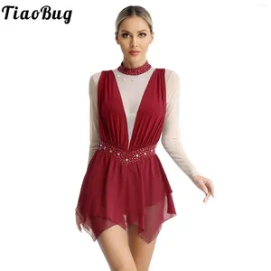 Stage Wear Womens Sparkly Rhinestones Figure Skating Dress Sheer Mesh Long Sleeve Irregular Hem Gymnastics Leotard Lyrical Dance Dresses