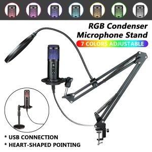 Microfones USB RGB Light Condenser Microfone para Computador PC USB PC Microfone Mic Stand para Gaming Video Video Streaming Live Recording Singing