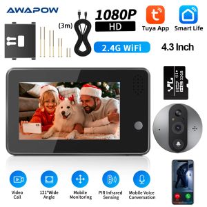 DOORBELL AWAPOW 4.3INCH TUYA WIFI VIDEO VIDEO DOORBELLナイトビジョンスマートホーム1080Pドアベルアイのピフォールカメラモーション検出ドアビューアー