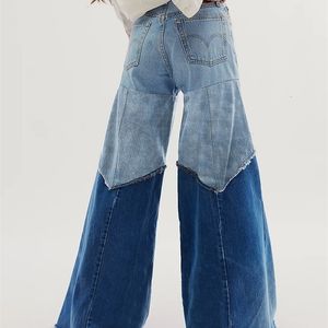 Women Jeans High Wasit Plus Size Casual Denim Patchwork Colorblock Pocket Wide Leg Jeans Spring Female Trousers Pant 240320