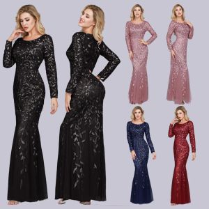 Elegant Women's Banquet Evening Dresses Long Sleeve Round Neck Lace Prom Gowns Floor Length Plus Size Mermaid Special Occasion Dress