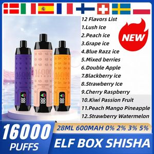 Elf Box Shisha 16000 Puffs Disponível Vape Pen Mesh Coil 600mAh tipo C 28 ml Preenchimento preenchido 12 sabores Puff 16K E Cigarreting Elfbars vs VapMe Shisha Hookah 15K