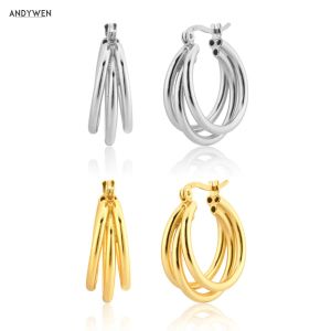 Pierścienie Andywen Spring 925 srebrne złoto Three Circle Big Hoops przebijanie Pendienteloops 20 mm duża grubsza, pusta biżuteria