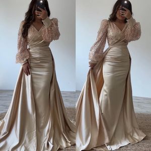 Kväll Champagne sjöjungfru elegant med löstagbara tågs paljetter Långa ärmar Turkiet Prom Dress V Neck Plus -storlek Formella klänningar för kvinnor ES