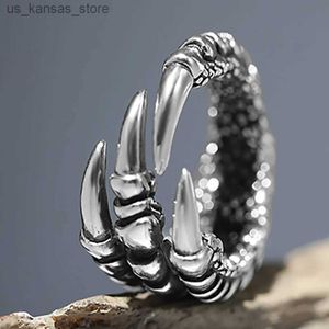 Cluster Rings Stainless steel antique silver dragon claw adjustable opening ring Xizang silver eagle animal ring mens punk jewelry240408