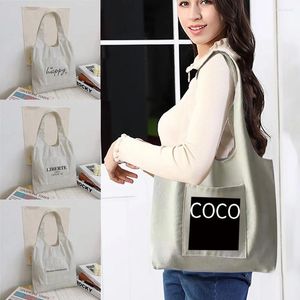 Sacos de compras feminino comprador organizador bolsa de tela de moda texto imprimir ombro reutilizável supermercado casual