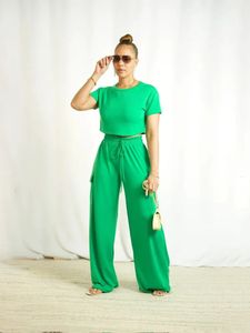 Moda Twopiece Casual Shortsleeved Top Walisted Lose Workelear Pants Suit Womens Summer Black Green Sets 240408