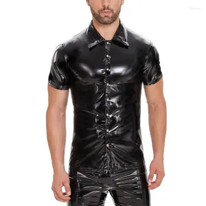 Men's T Shirts Men PU Leather T-shirt Turn-down Collar Button Short Sleeve Tee Sexy Chemise Latex Clubwear Tops Streetwear Plus Size 5XL