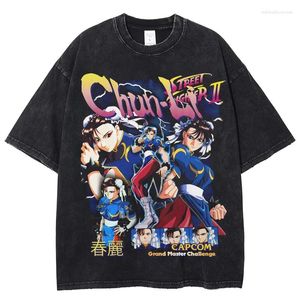 メンズTシャツChun Li Street Fighter Unisex Washed Tシャツ特大のコットンシャツMans TopsファッションOネックTシャツHarajuku Streetwear