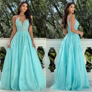 Mint Green Lace Prom Dress A Line Straps Aftonklänningar Eleganta rufflesklänningar för speciella tillfällen Backlösa formella klänningar för kvinnor