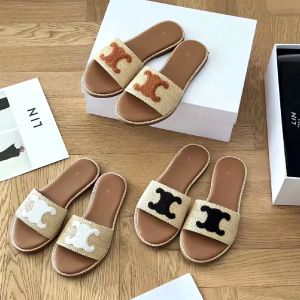 Cel Style Style New Straw Weave Slippers Sandals Slide Slide Disual Shoes Bules Loafer Black White Ine Sexy Sexy Fudicury Shoes Mens Womens Brown Mule Sliders Flat Sandale Gift