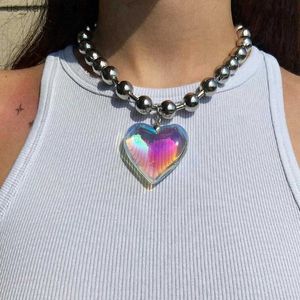 Pendant Necklaces Egirl Aesthetic Rainbow Laser Heart Necklace Korean Fashion Punk Pendant Necklace for Women Hip Hop Accessories Goth Jewelry24CIV1