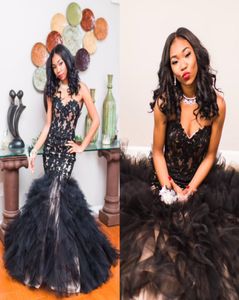 2017 Newest Black Mermaid Prom Dresses Sweetheart Appliques Lace Tulle Floor Length Corset Lace Up Graduation Dresses Party Dresse9154272