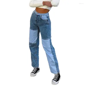 Kvinnors jeans tvättade baggy för kvinnor med flera fickor Mörkblå och lätt sömnad rakt ben elastisk casual trendig