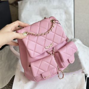 Damen Duma Kaviar Leder schwarz rosa Kordelzug Rucksackbeutel Multi -Pochette Gold Metal Hardware Matelasse Kette Schulterhandtaschen Reisen im Freien 20 cm