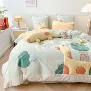 Bedding Sets Cute Giraffe Cotton Washed Four-piece Set Girly Heart Embroidered Quilt Cover Sheet Cartoon