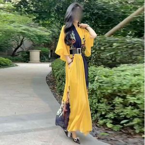 Casual Dresses French Vintage Women Printed Puff Sleeve Shirt Dress Fashion Perspective V-Neck Party Prom Beach Holiday Belt The Waist