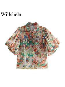 Willshela Women Mode gedruckte Single Breace Blouse Vintage Revers Hals Short Puff Sleeves weibliche schicke Dame Hemden 240326