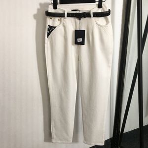 White Slim Jeans Women Designer Belt Pants Personality Print Pocket Jean Pants High Waist Girls Denim Trousers
