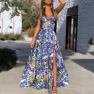 Основные повседневные платья 2024 Летнее женское платье V-образное склонное припечаток Pear Beach Resort Slit Maxi Plord T240408