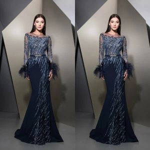 2024 Ziad Nakad Navy Blue Prom Kleider Juwel Juwel Langarm Spitze Pailletten Crystal Mermaid Abendkleid benutzerdefinierte MADE MADE MADEM MADE MADEM MADE